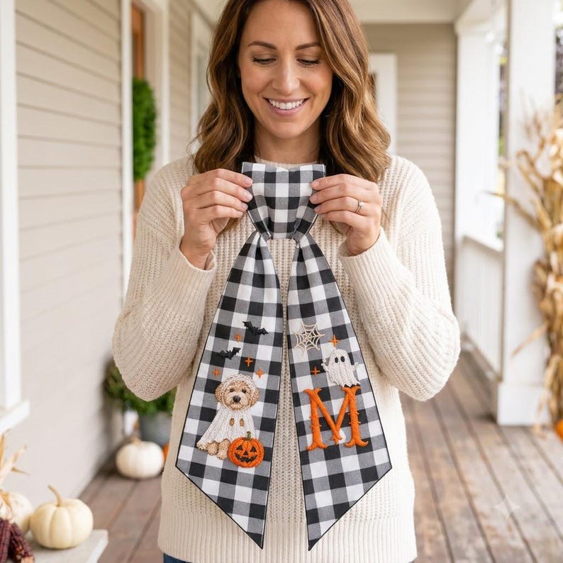 Personalized Auntie Halloween Wreath Sash, Custom Embroidered Pet Portrait from Photo, Monogram Door Bow