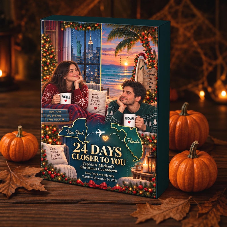 Personalized Long Distance Couple Advent Calendar 2026, 24pcs Acrylic Ornaments, Christmas Reunion Gift