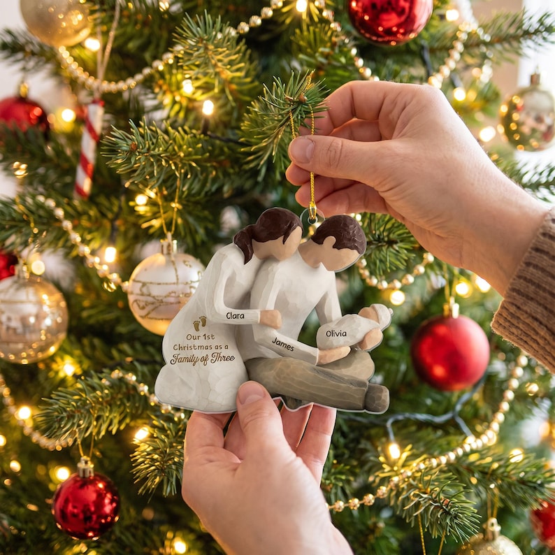 Our First Christmas As Family Of Three, Personalize Christmas Acrylic Ornament, Baby First Christmas Tree Ornament