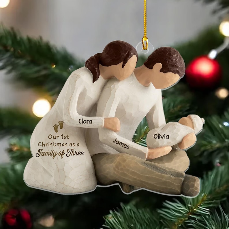 Our First Christmas As Family Of Three, Personalize Christmas Acrylic Ornament, Baby First Christmas Tree Ornament