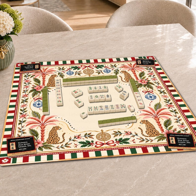 Christmas Leopard Mahjong Mat, Pink Palm Floral Holiday Game Mat, Festive Chinoiserie Table Decor