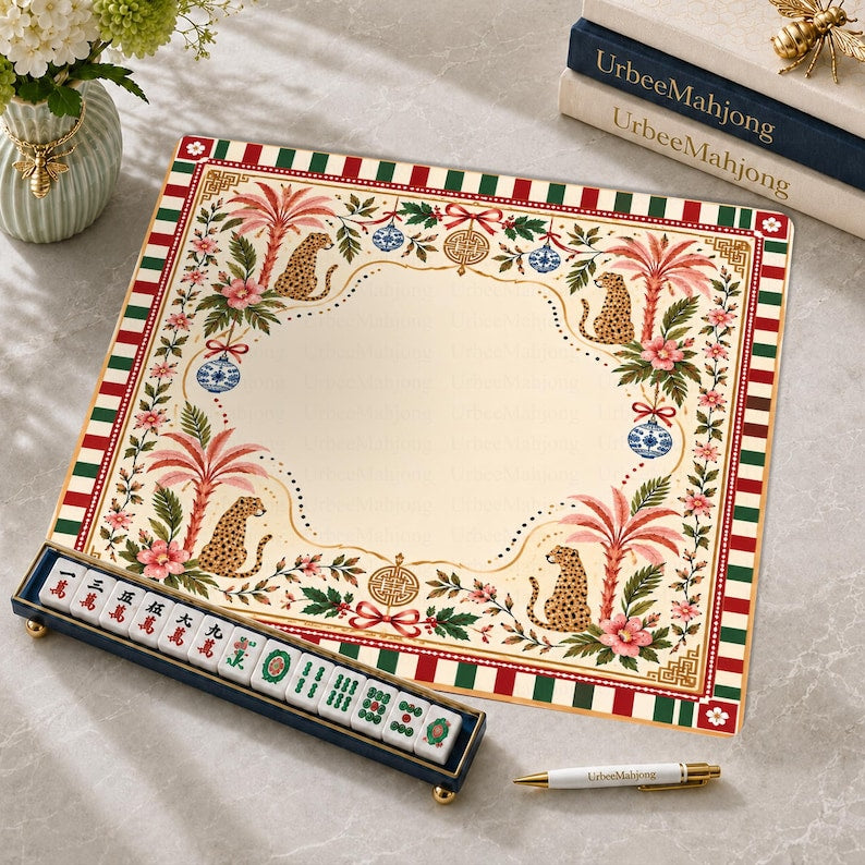 Christmas Leopard Mahjong Mat, Pink Palm Floral Holiday Game Mat, Festive Chinoiserie Table Decor