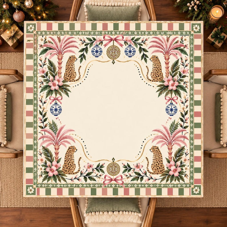 Christmas Leopard Mahjong Mat, Pink Palm Floral Holiday Game Mat, Festive Chinoiserie Table Decor