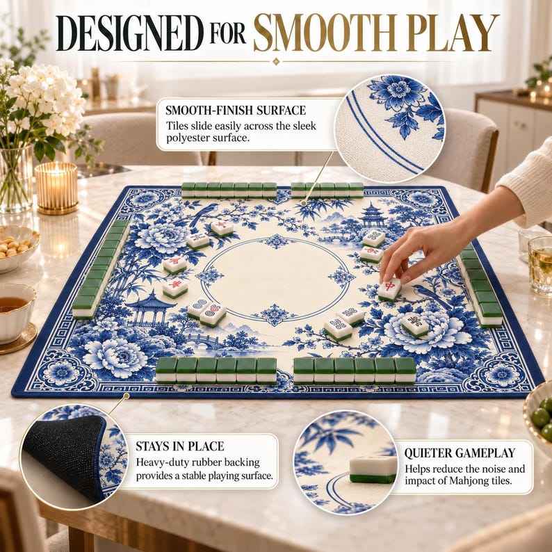 Blue Chinoiserie Garden Mahjong Mat, Non Slip American Mahjong Table Play Mat, Smooth Surface Game Mat