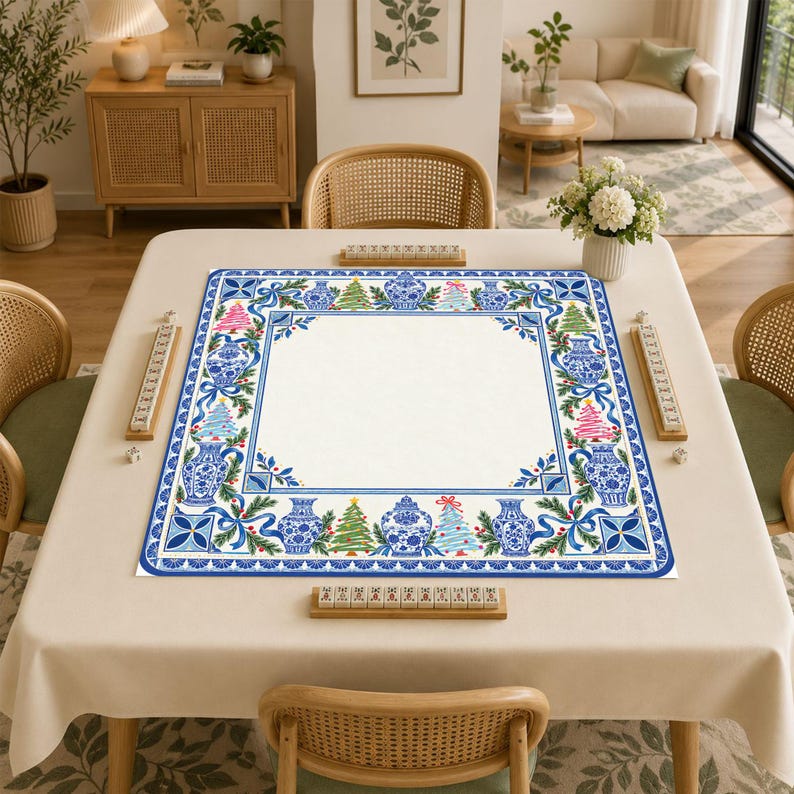 Christmas Chinoiserie Mahjong Mat, Blue White Porcelain Holiday Game Mat, Pink Christmas Tree Mahjong Table Cover