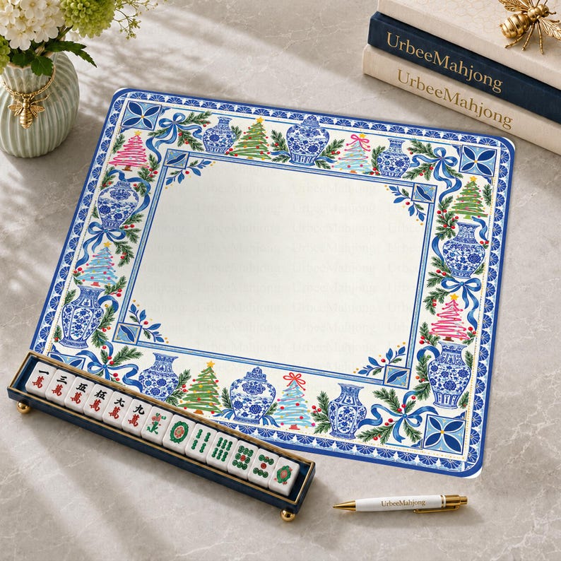 Christmas Chinoiserie Mahjong Mat, Blue White Porcelain Holiday Game Mat, Pink Christmas Tree Mahjong Table Cover