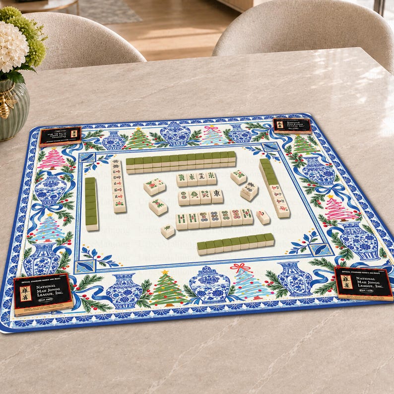 Christmas Chinoiserie Mahjong Mat, Blue White Porcelain Holiday Game Mat, Pink Christmas Tree Mahjong Table Cover