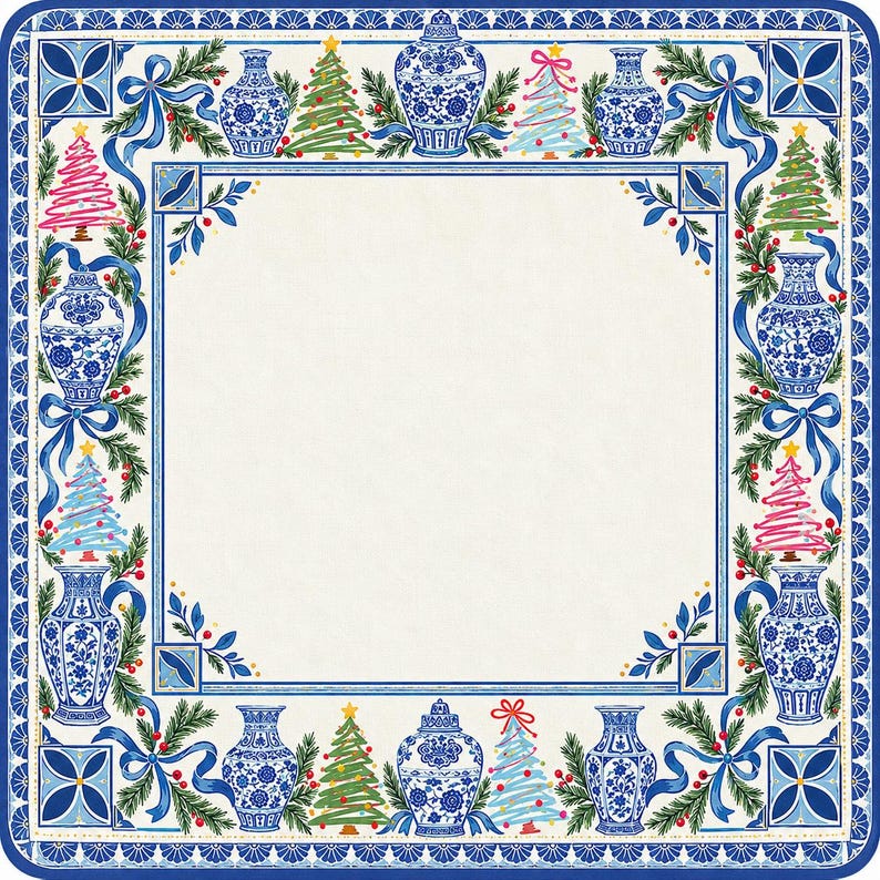 Christmas Chinoiserie Mahjong Mat, Blue White Porcelain Holiday Game Mat, Pink Christmas Tree Mahjong Table Cover