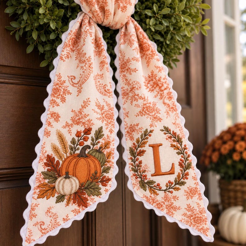 Personalized Fall Pumpkin Wreath Sash, Embroidered Fall Monogram Bow, Orange Toile Front Door Decor