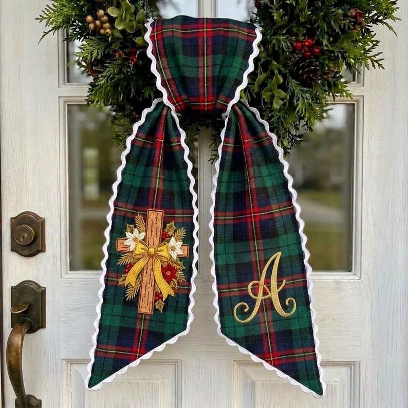 Tartan Wreath Sash, Monogram Christmas Door Sash, Embroidered Cross Plaid Wreath Bow, Christian Holiday Front Door Decor