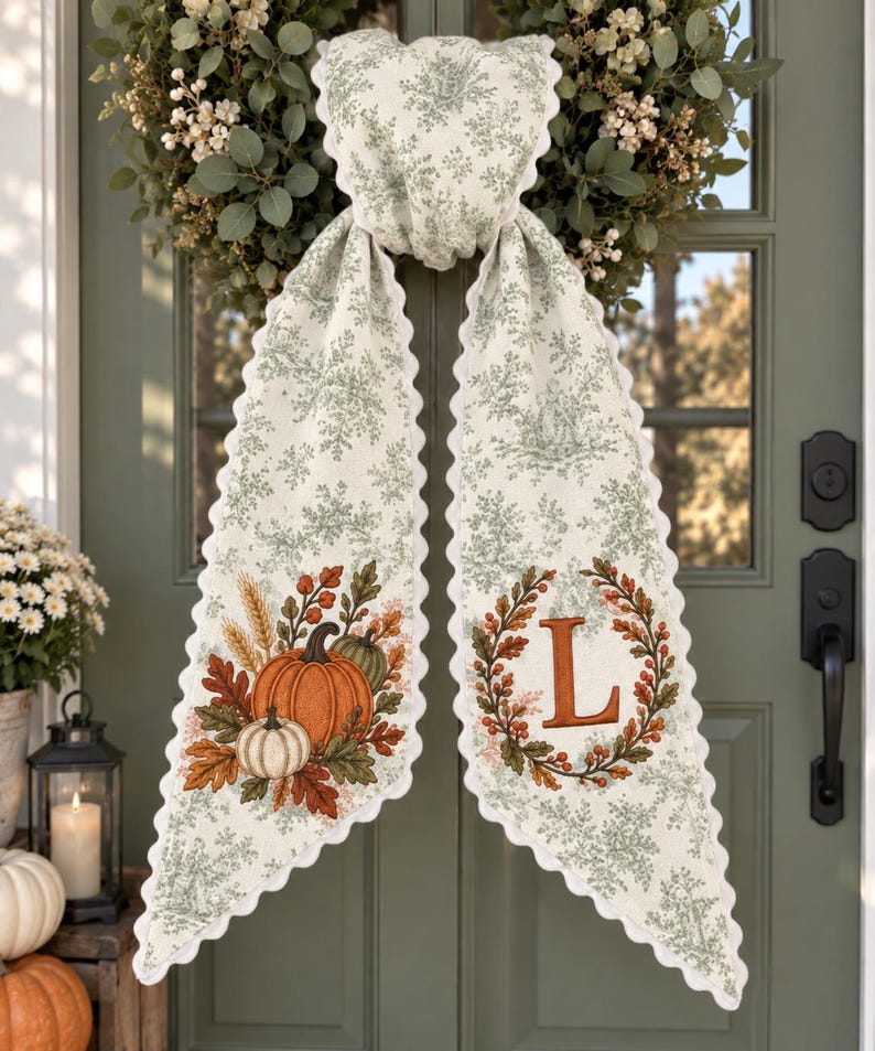 Personalized Fall Pumpkin Wreath Sash, Embroidered Fall Monogram Bow, Orange Toile Front Door Decor