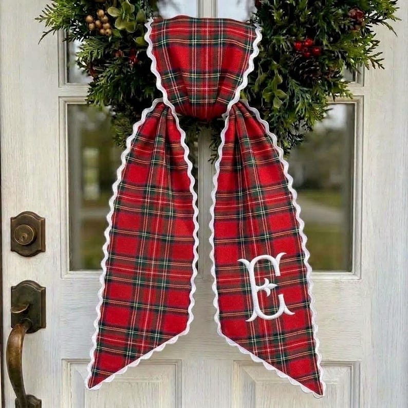 Monogram Plaid Wreath Sash with Red Ric Rac, Custom Tartan Wreath Bow, Personalized Christmas Front Door Decor