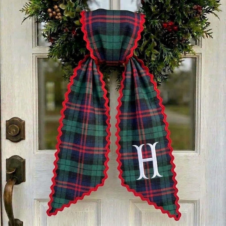 Monogram Plaid Wreath Sash with Red Ric Rac, Custom Tartan Wreath Bow, Personalized Christmas Front Door Decor