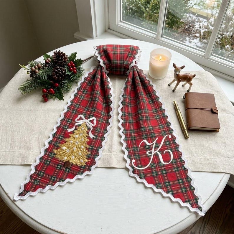 Personalized Plaid Christmas Wreath Sash, Monogram Front Door Ribbon, Embroidered Gold Tree Holiday Decor