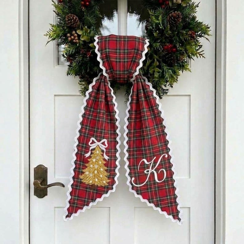 Personalized Plaid Christmas Wreath Sash, Monogram Front Door Ribbon, Embroidered Gold Tree Holiday Decor