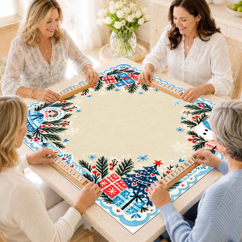 Nordic Snowman Christmas Mahjong Mat, Babushka Doll Folk Art Winter Game Mat, Non Slip Mahjong Table Cover