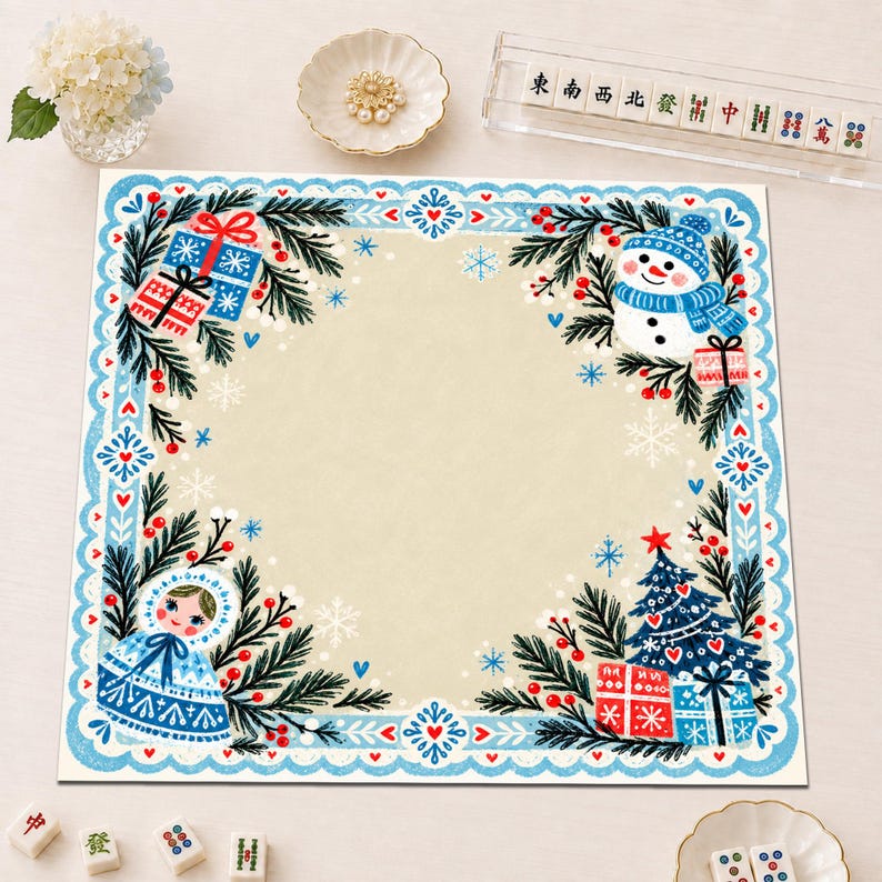 Nordic Snowman Christmas Mahjong Mat, Babushka Doll Folk Art Winter Game Mat, Non Slip Mahjong Table Cover