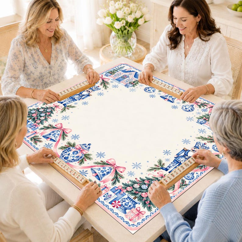 Blue Nutcracker Christmas Mahjong Mat, Non-Slip Table Play Mat, Chinoiserie Holiday Cover for American Mahjong