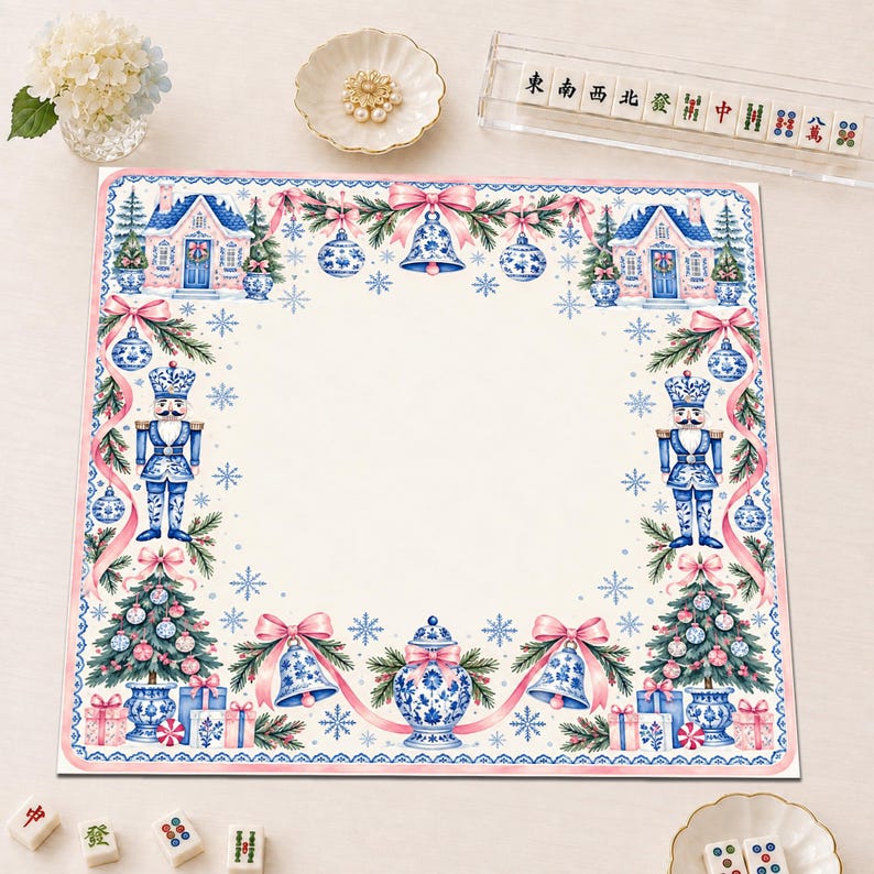Blue Nutcracker Christmas Mahjong Mat, Non-Slip Table Play Mat, Chinoiserie Holiday Cover for American Mahjong