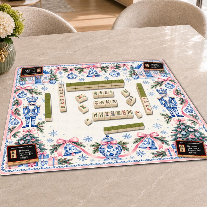 Blue Nutcracker Christmas Mahjong Mat, Non-Slip Table Play Mat, Chinoiserie Holiday Cover for American Mahjong