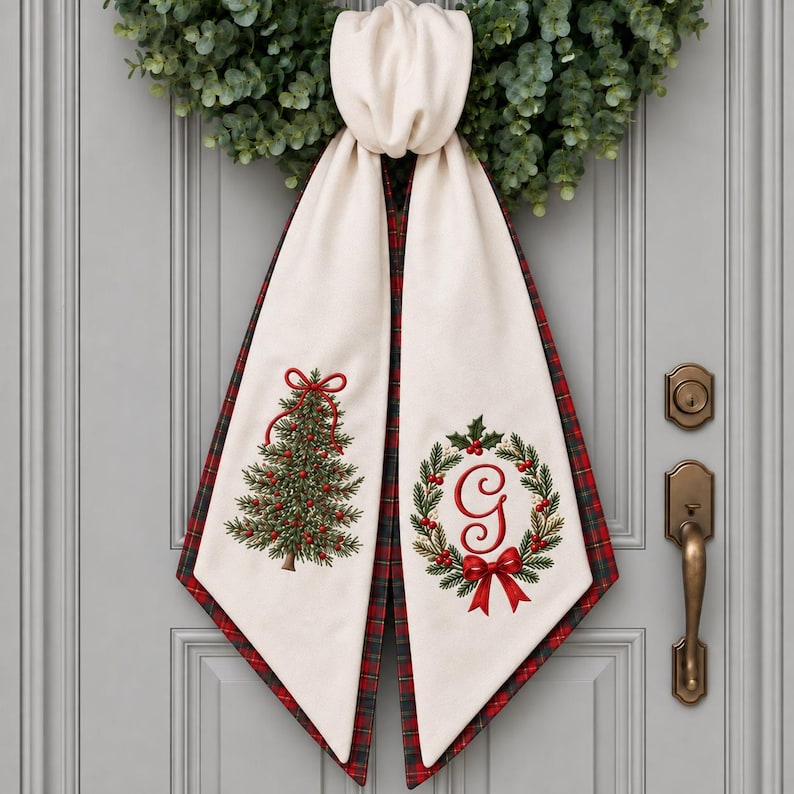 Christmas Tree Wreath Sash with Custom Monogram, Personalized Embroidered Holiday Door Bow Decor