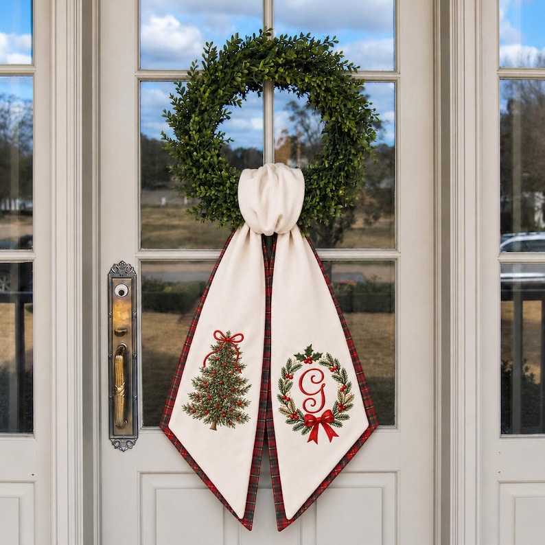 Christmas Tree Wreath Sash with Custom Monogram, Personalized Embroidered Holiday Door Bow Decor