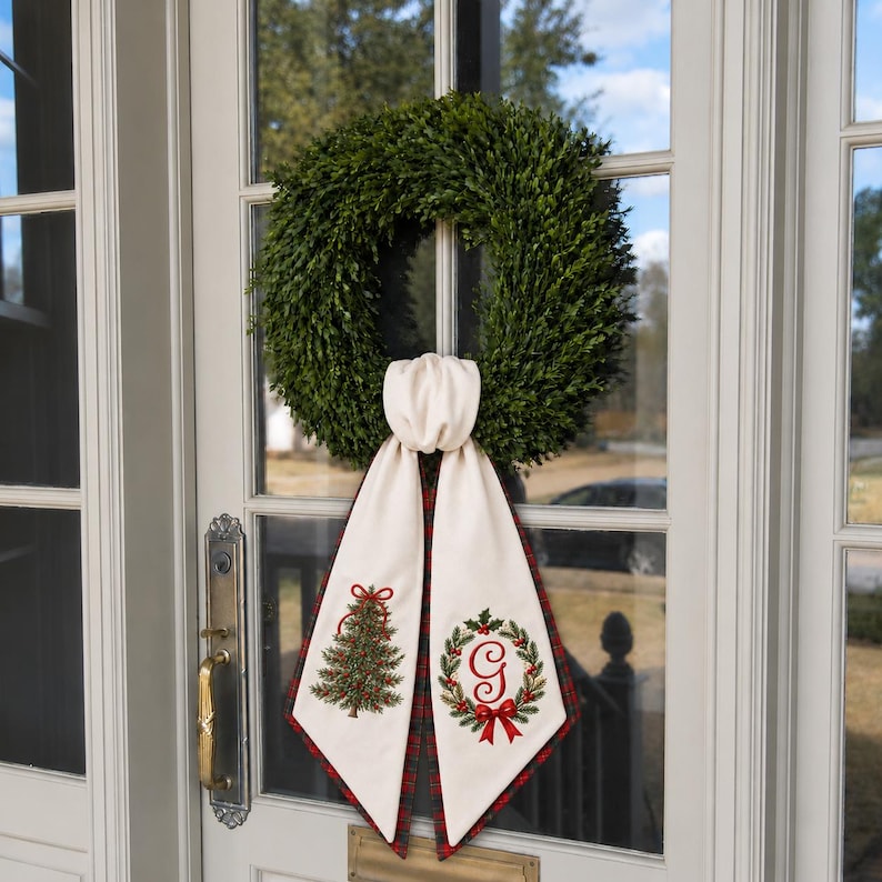 Christmas Tree Wreath Sash with Custom Monogram, Personalized Embroidered Holiday Door Bow Decor
