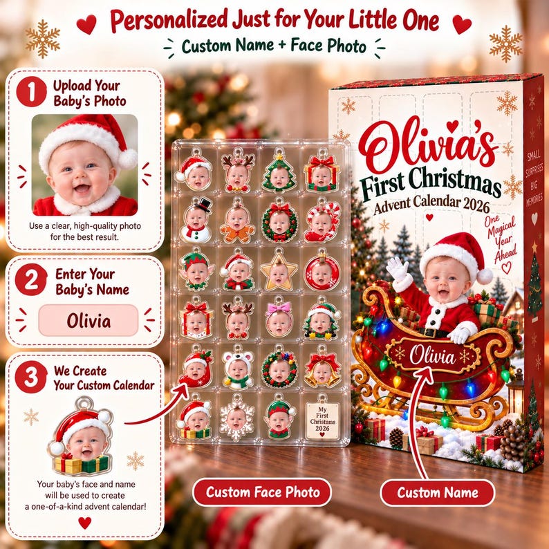 Personalized Baby First Christmas Advent Calendar, Custom Face Photo & Name Ornaments
