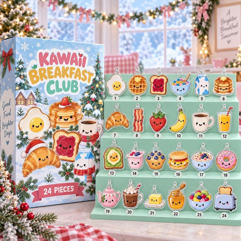 Kawaii Breakfast Advent Calendar, 24 Acrylic Hanging Tokens, Cute Food Christmas Countdown Gift for Foodies