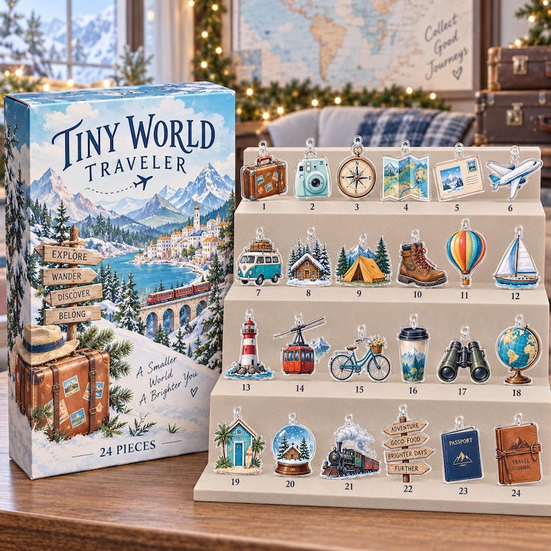 Travel Advent Calendar, 24 Acrylic Hanging Tokens, World Traveler Christmas Countdown Gift, Collectible Adventure Ornaments
