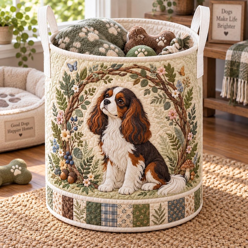 Quilted Cavalier Spaniel Laundry Basket, Dog Storage Hamper