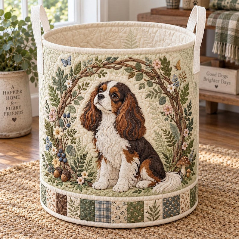 Quilted Cavalier Spaniel Laundry Basket, Dog Storage Hamper