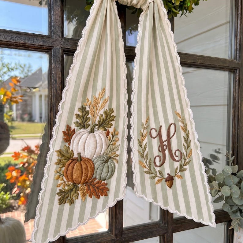 Custom Embroidered Pumpkin Monogram Wreath Sash, Fall Wreath Sash, Pumpkin Wreath Sash, Fall Window Hanging Decor