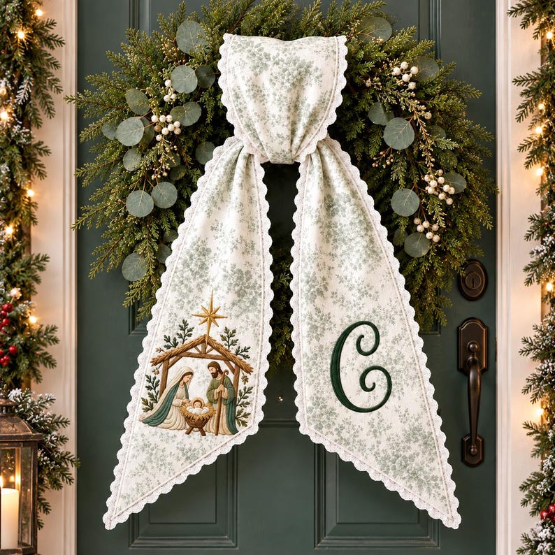 Personalized Christian Christmas Wreath Sash, Nativity Monogram Wreath Bow, Embroidered Holy Family Door Decor