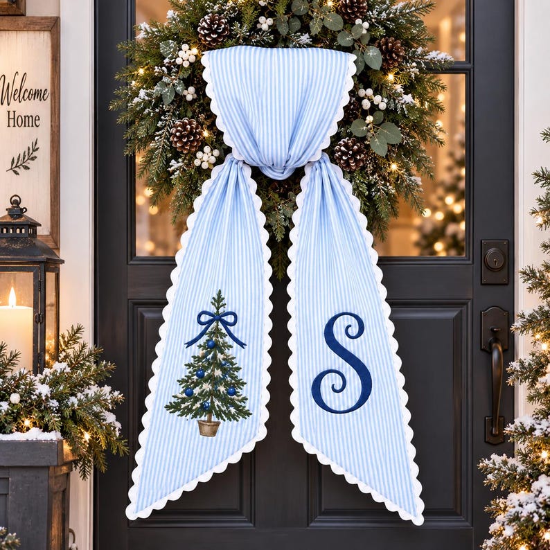 Personalized Christmas Wreath Sash, Monogram Christmas Tree Wreath Bow, Blue Stripe Holiday Door Decor