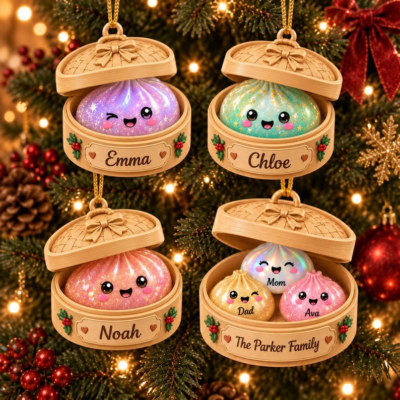 Personalized Glitter Dumpling Ornament, Squishy Dumpling Custom Name Gift, Family Christmas Gift