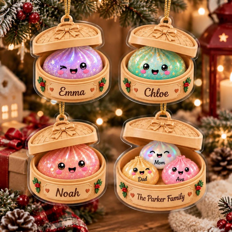 Personalized Glitter Dumpling Ornament, Squishy Dumpling Custom Name Gift, Family Christmas Gift