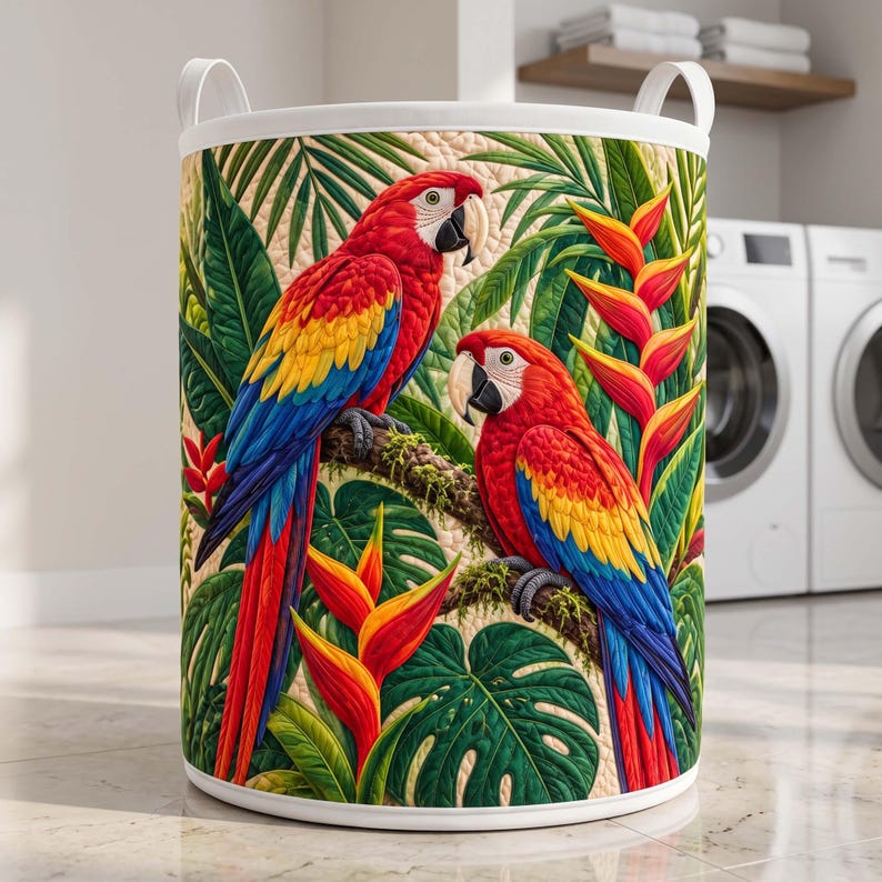 Macaw Quilted Laundry Basket, Vibrant Parrot Fabric Hamper, Large Basket