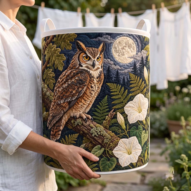 Owl Moonflower Fern Quilted Laundry Basket, Forest Animal Storage Bin, Owl Lover Gifts