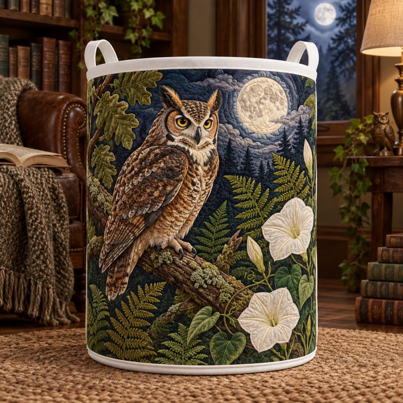 Owl Moonflower Fern Quilted Laundry Basket, Forest Animal Storage Bin, Owl Lover Gifts
