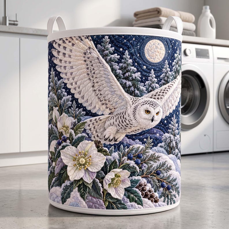 Snowy Owl Quilted Laundry Basket, Christmas Hellebore Clothes Hamper, Christmas Gifts