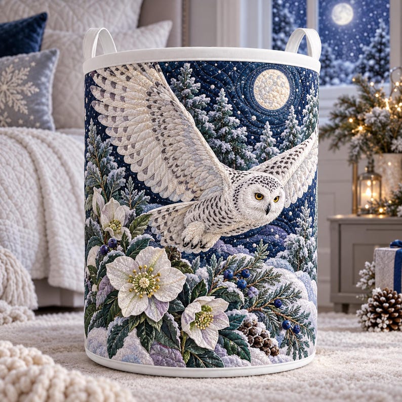 Snowy Owl Quilted Laundry Basket, Christmas Hellebore Clothes Hamper, Christmas Gifts
