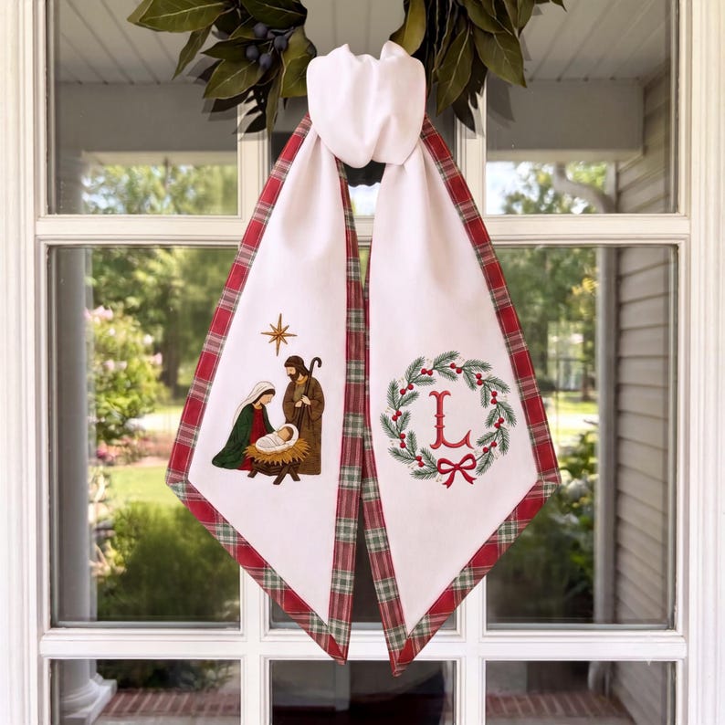 Embroidered Nativity Sash, Personalized Monogram Wreath, Red Green Plaid Border