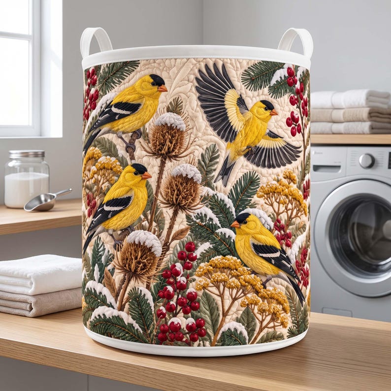 Goldfinch Quilted Laundry Basket, Winter Bird Theme Fabric Hamper, Nature Lover Gift