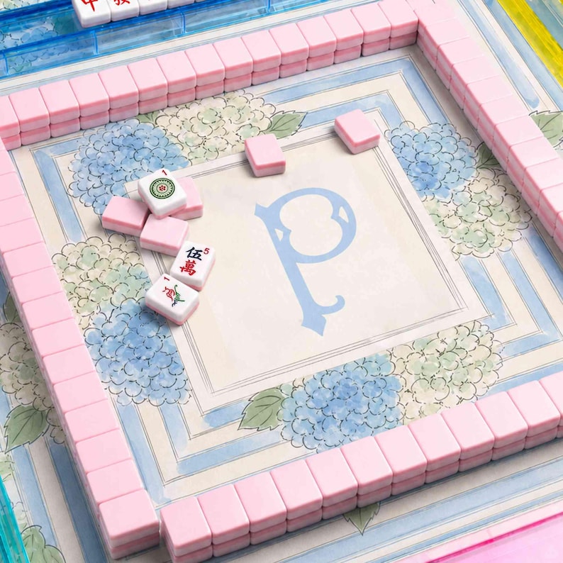 Personalized Initial Monogram Mahjong Mat, Non-Slip Watercolor Hydrangea Mat, Blue Floral Game Night Gift