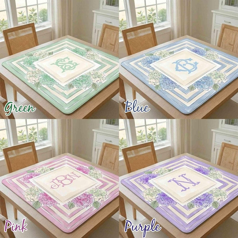 Personalized Initial Monogram Mahjong Mat, Non-Slip Watercolor Hydrangea Mat, Blue Floral Game Night Gift