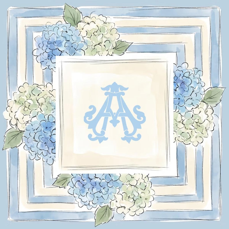 Personalized Initial Monogram Mahjong Mat, Non-Slip Watercolor Hydrangea Mat, Blue Floral Game Night Gift