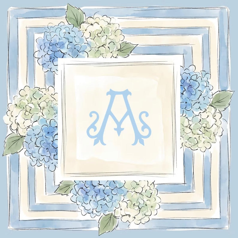 Personalized Initial Monogram Mahjong Mat, Non-Slip Watercolor Hydrangea Mat, Blue Floral Game Night Gift