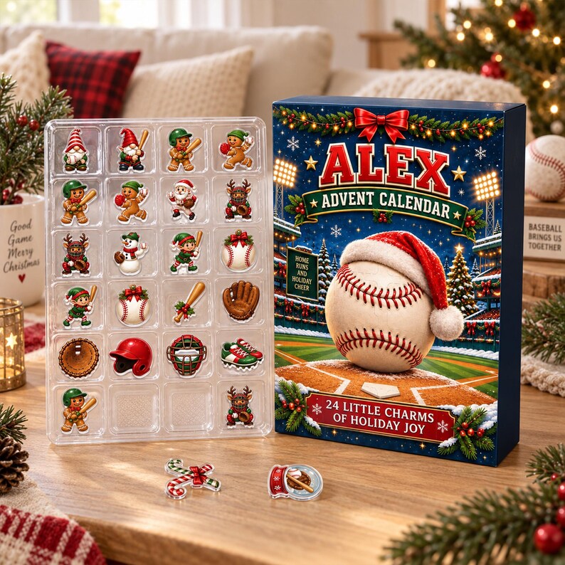 Personalized Baseball Advent Calendar, 24-Day Blind Box Charms, Custom Name