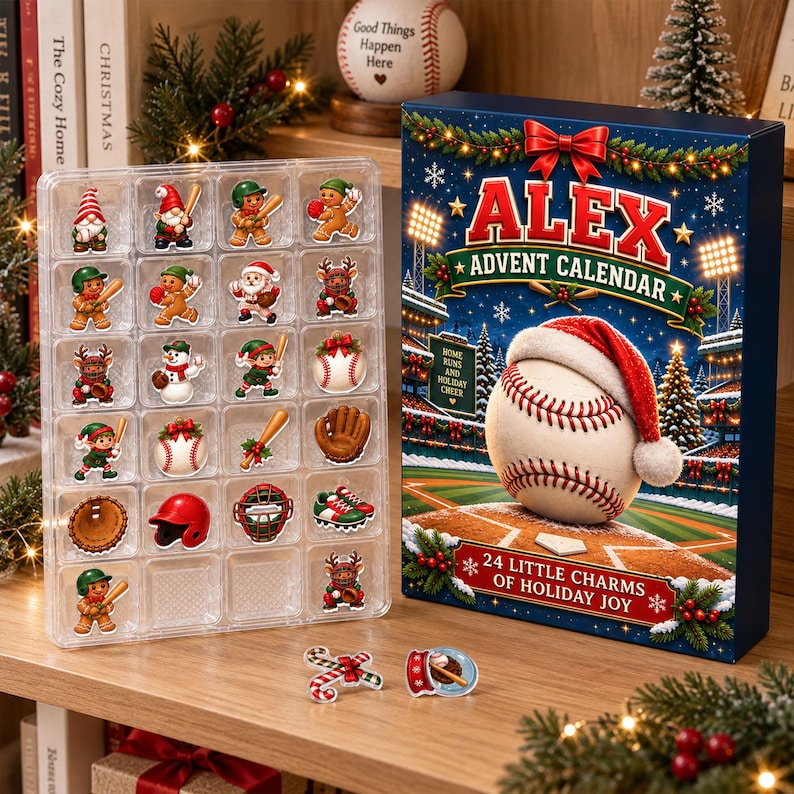 Personalized Baseball Advent Calendar, 24-Day Blind Box Charms, Custom Name